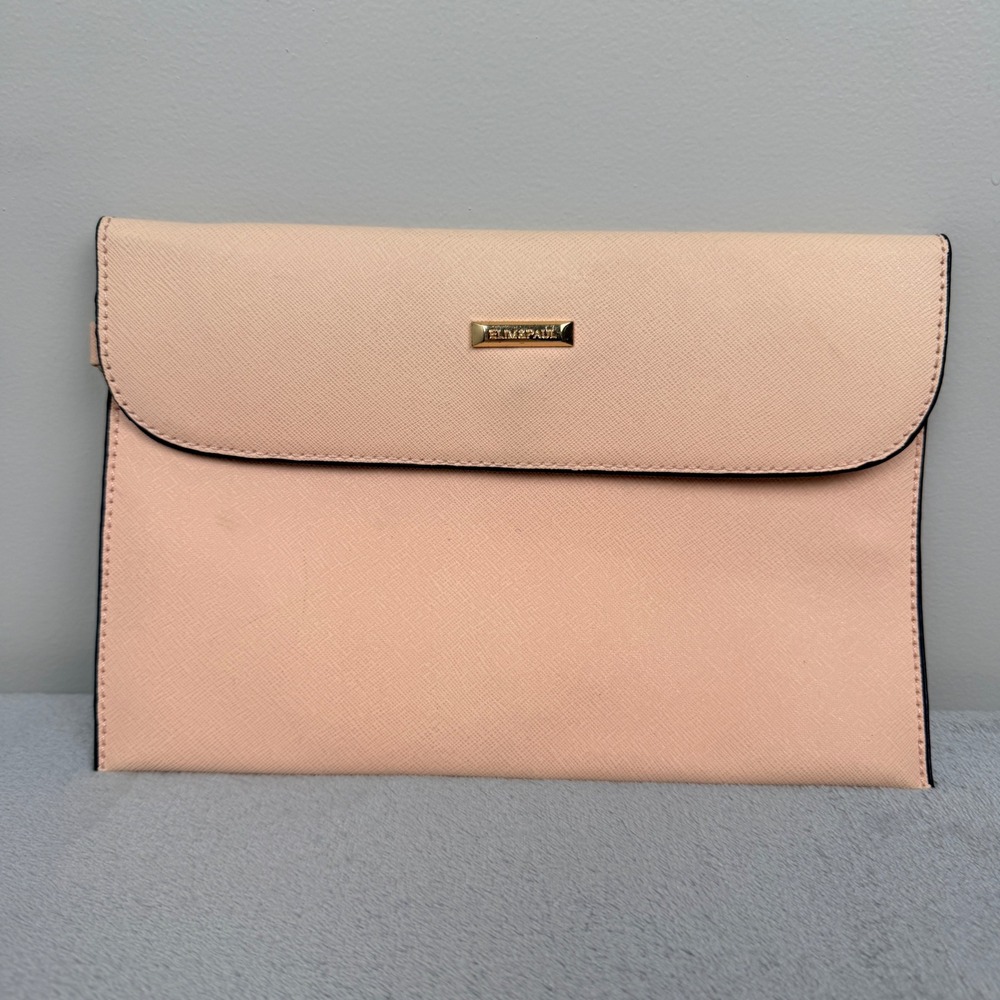 Elim & Paul Peach Saffiano Faux Leather Envelope Clutch Bag Small Pink Gold Tone